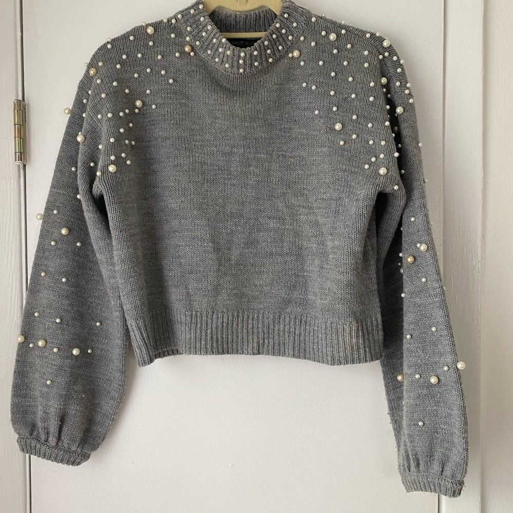 Grey Pearl Beaded Sweater